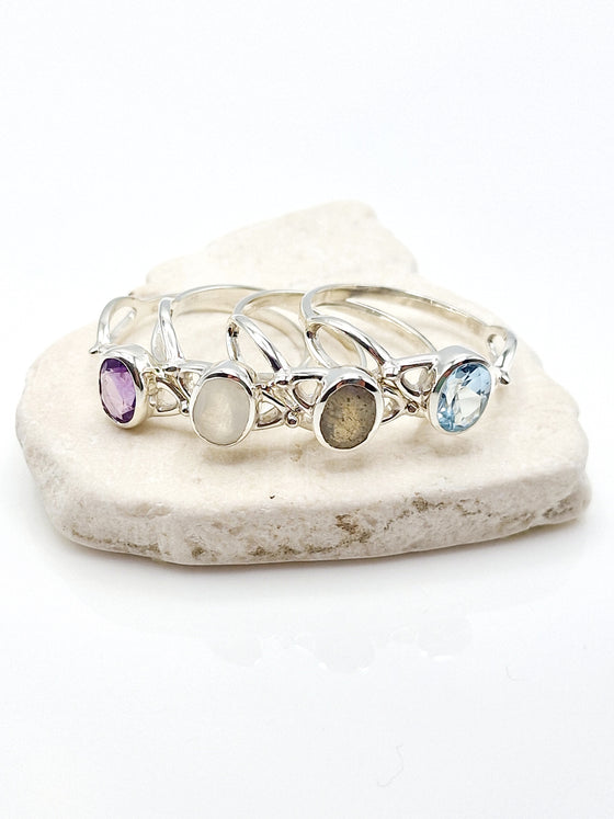 Rainbow Moonstone Twist Silver Ring