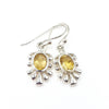 Silver earrings with champaign coloured citrine gemstones on a white background