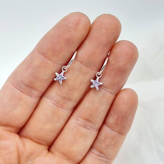 Silver Huggies with Lavender Purple Star Charm