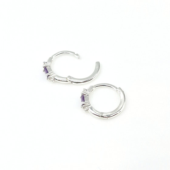 Silver Mini Huggies with Purple Baguette Crystals