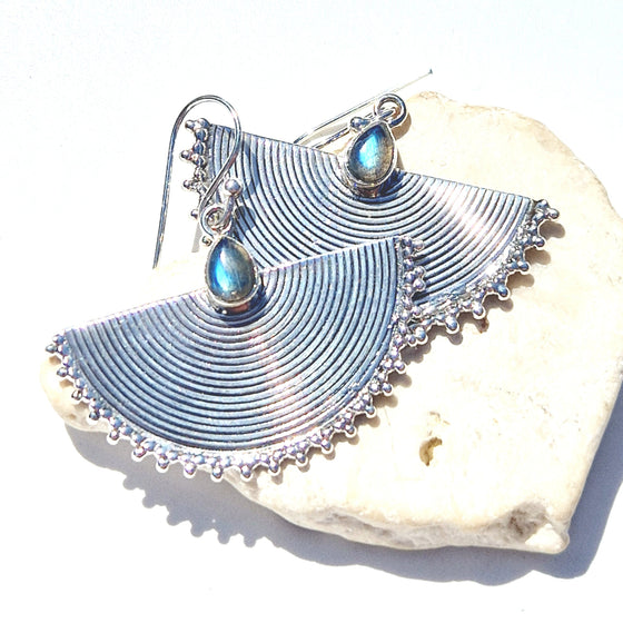 Aztec Statement Silver Earrings with Gemstones – Bold Tribal Dangle Jewellery