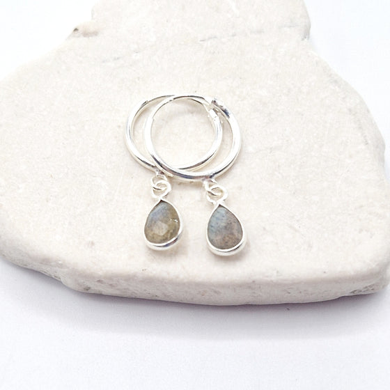 Mini gemstone Teardrop Hoop Earrings- Gemstone drops- 925 silver- everyday wear