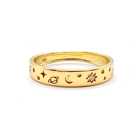Stellar Serenity: 18kt Gold Plated Celestial Boho Ring – Moon & Stars Engraved, 925 Silver & Tarnish-Free