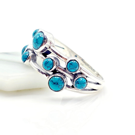 Turquoise Circles Silver Ring - Gemstone ring - 9 Small Gemstones - 925 Silver.