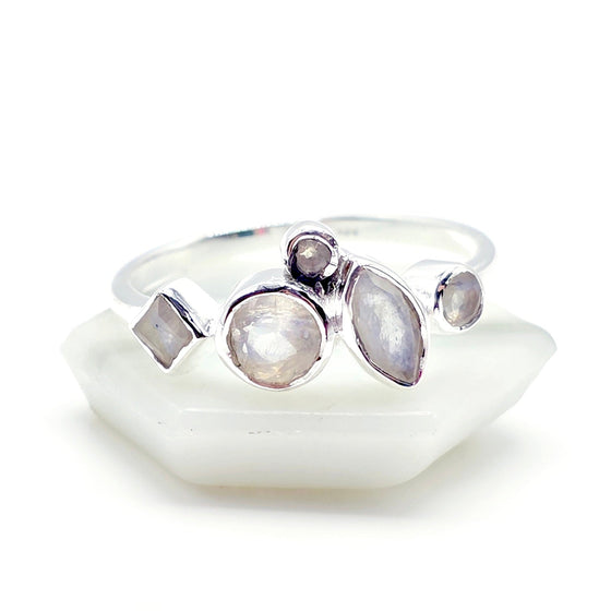 Rainbow Moonstone Geometric Silver Ring - Multiple Gemstone Ring - 925 Silver