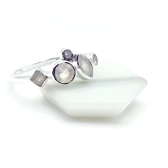 Rainbow Moonstone Geometric Silver Ring - Multiple Gemstone Ring - 925 Silver