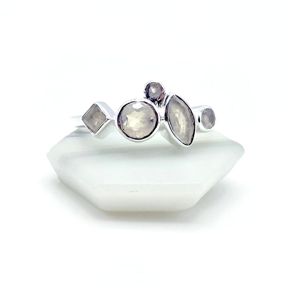 Rainbow Moonstone Geometric Silver Ring - Multiple Gemstone Ring - 925 Silver