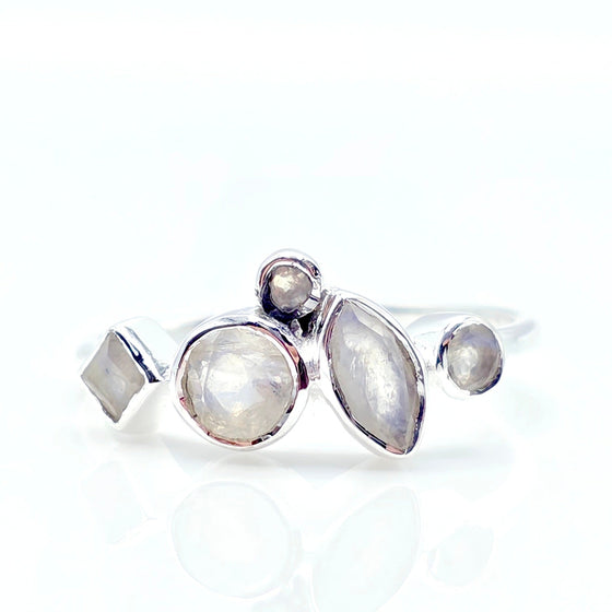 Rainbow Moonstone Geometric Silver Ring - Multiple Gemstone Ring - 925 Silver