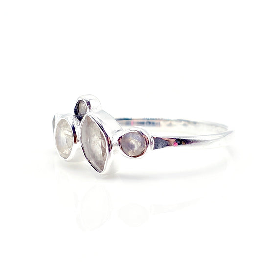 Rainbow Moonstone Geometric Silver Ring - Multiple Gemstone Ring - 925 Silver