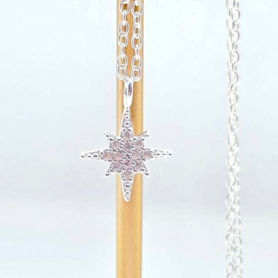 Starlight Guide Sterling Silver North Star Pendant Necklace – 18-19 Inch 925 Silver with Sparkling CZ Stones
