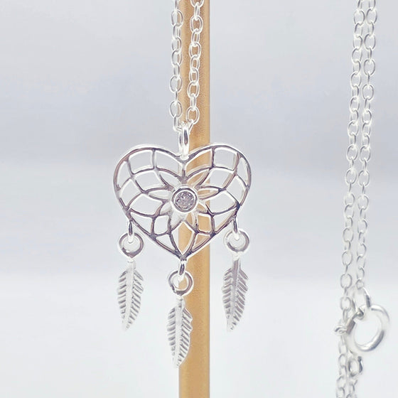 Love & Feathers Silver Necklace – Dainty Heart Pendant on 18-19" Chain