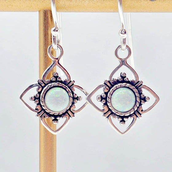 Celestial Geometry: Lab Opal (Fire or Snow) Rhombus Drop Earrings in Sterling Silver