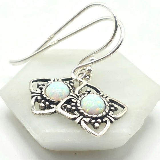 Celestial Geometry: Lab Opal (Fire or Snow) Rhombus Drop Earrings in Sterling Silver