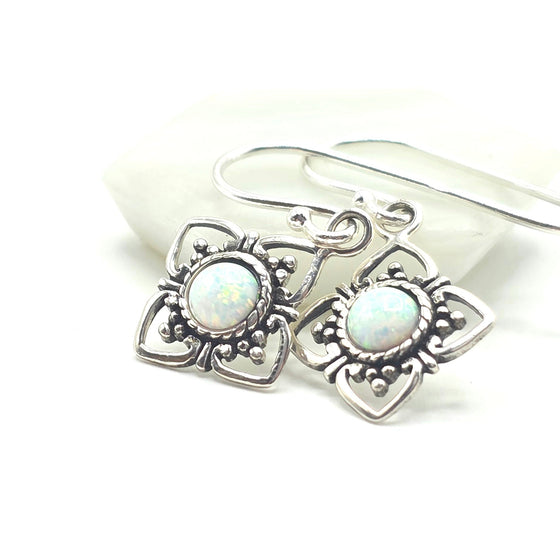 Celestial Geometry: Lab Opal (Fire or Snow) Rhombus Drop Earrings in Sterling Silver