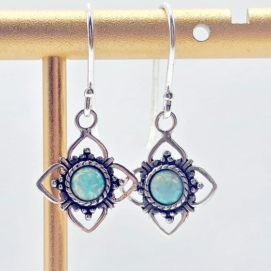 Celestial Geometry: Lab Opal (Fire or Snow) Rhombus Drop Earrings in Sterling Silver