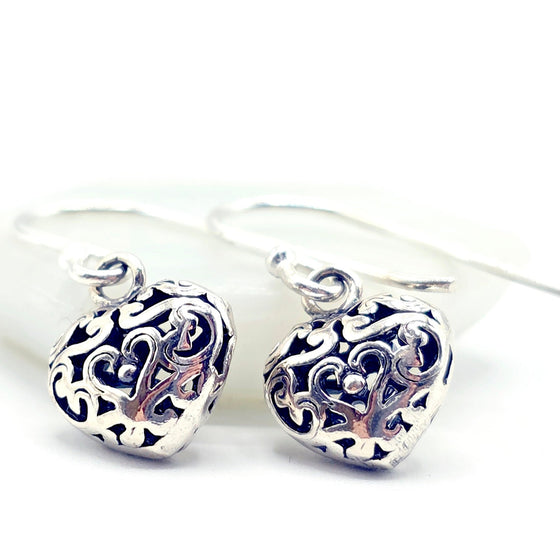 Blooming Hearts: 3D Floral Open Heart Drop Earrings in 925 Sterling Silver
