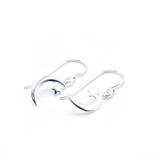 Luna Whisper: Celestial Moon and Star Drop Earrings in 925 Sterling Silver