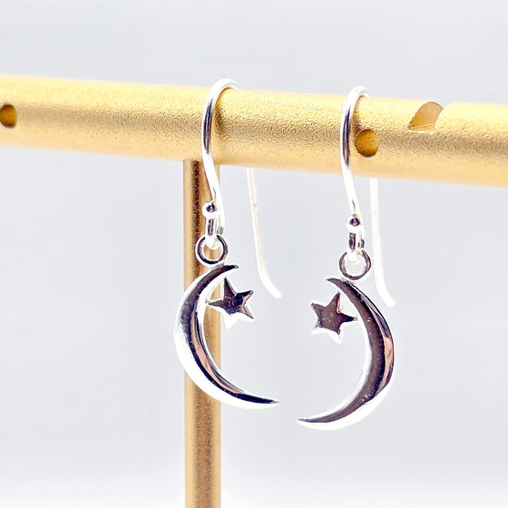 Luna Whisper: Celestial Moon and Star Drop Earrings in 925 Sterling Silver