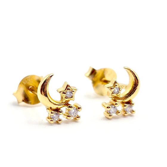 Celestial Dream CZ Crescent Moon & Star Stud Earrings | 925 Sterling Silver & 18K Gold Plated Hypoallergenic Jewellery