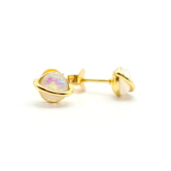 Celestial Saturn Studs: Opal & 18k Gold Plated or Sterling Silver