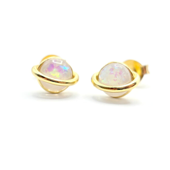 Celestial Saturn Studs: Opal & 18k Gold Plated or Sterling Silver