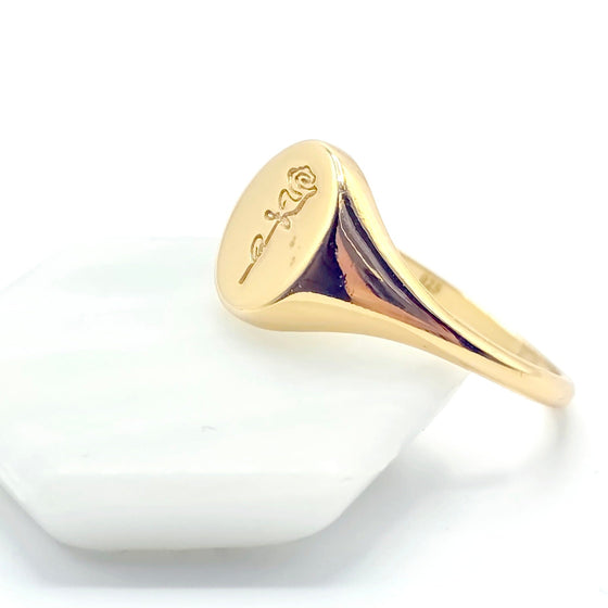 Single Rose Etched Signet Ring | 18k Gold Plated 925 Silver
