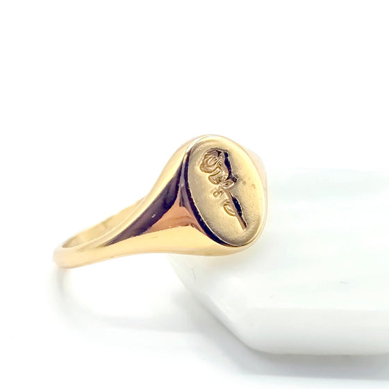 Single Rose Etched Signet Ring | 18k Gold Plated 925 Silver