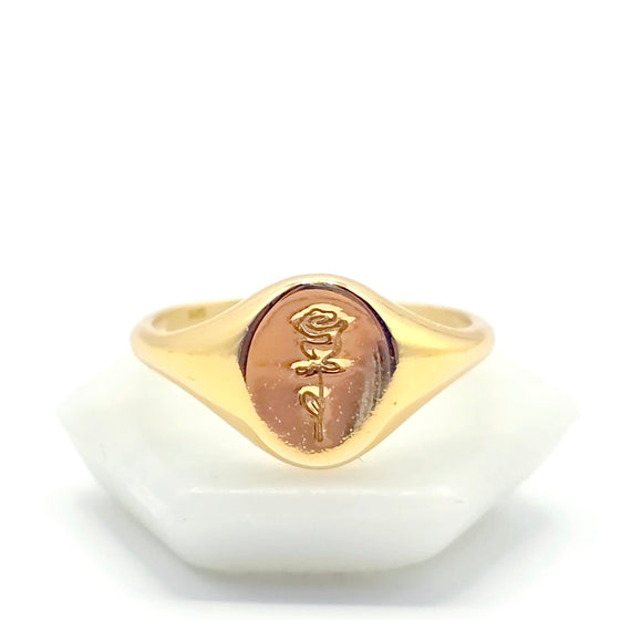 Single Rose Etched Signet Ring | 18k Gold Plated 925 Silver