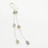 Silver earring with teardrop-shaped labradorite gemstones on a white background