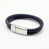 A black braided leather bracelet with a polished silver rectangular  Stainless Steel  clasp. Part of the Engravable collection