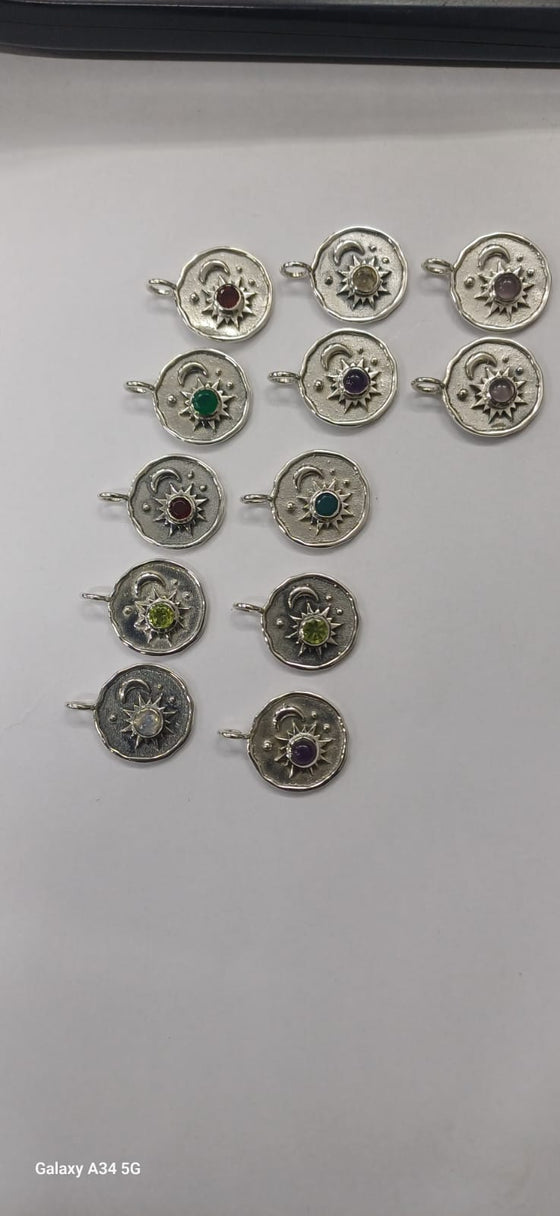 Celestial Sun & Moon Silver Pendant Necklace – 925 Sterling Silver Chain with Gemstone Accent
