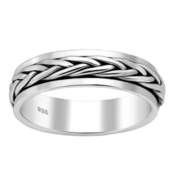 925 Sterling Silver Oxidized Weave Spin Band Ring, 5.5 mm Wide.