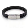A black braided leather bracelet with a polished silver rectangular  Stainless Steel  clasp. Part of the Engravable collection