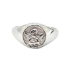 A silver signet ring featuring an embossed winged cherub.