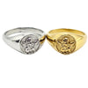 Two signet rings with angel medallions, one in silver and one in yellow gold, made frp, stainless steel