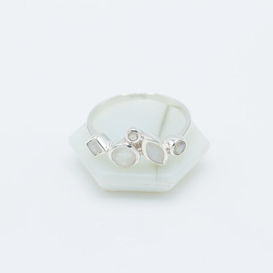 Rainbow Moonstone Geometric Silver Ring