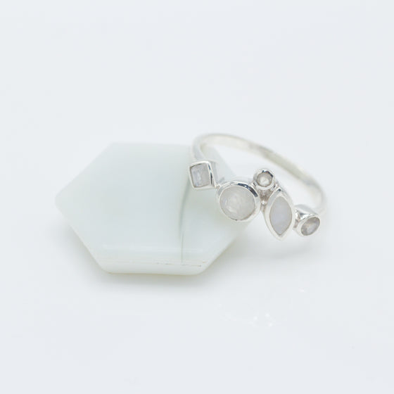 Rainbow Moonstone Geometric Silver Ring