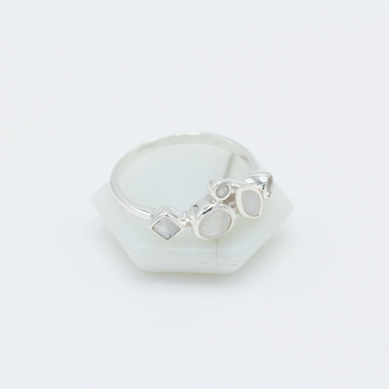 Rainbow Moonstone Geometric Silver Ring