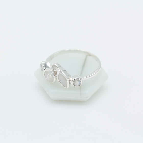 Rainbow Moonstone Geometric Silver Ring