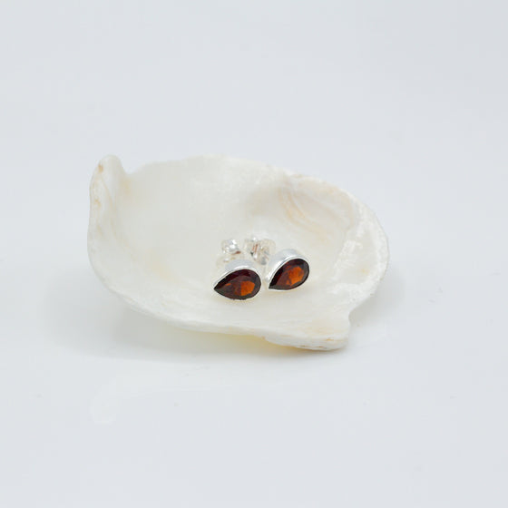 Garnet Drop Shape Silver Stud Earrings