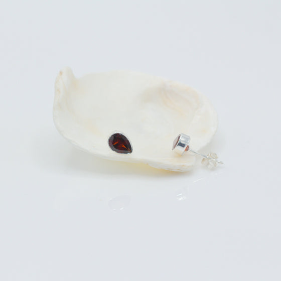 Garnet Drop Shape Silver Stud Earrings
